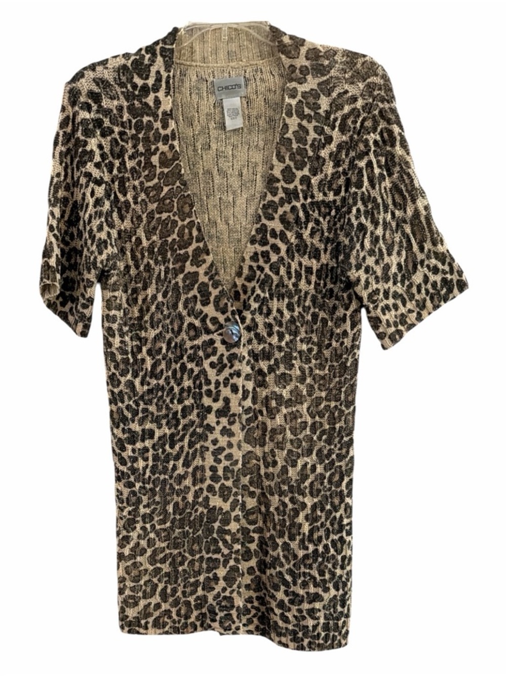 Chico's Gold Metallic Leopard Print Short Sleeve Cardigan Top Size 0 US 4